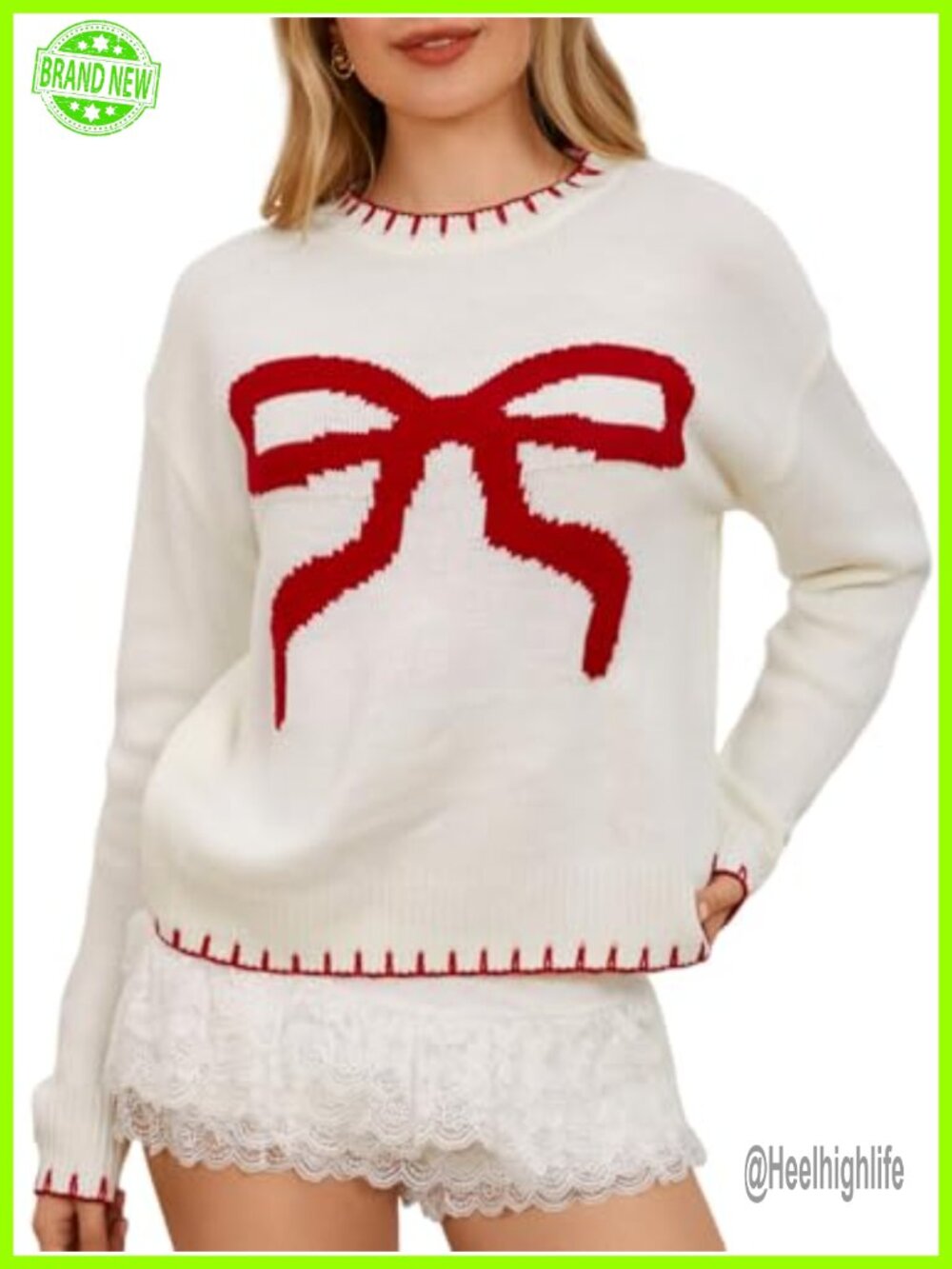 Bow Knot Sweater Contrast Binding Long Sleeve Round Neck Pullover Knit Top